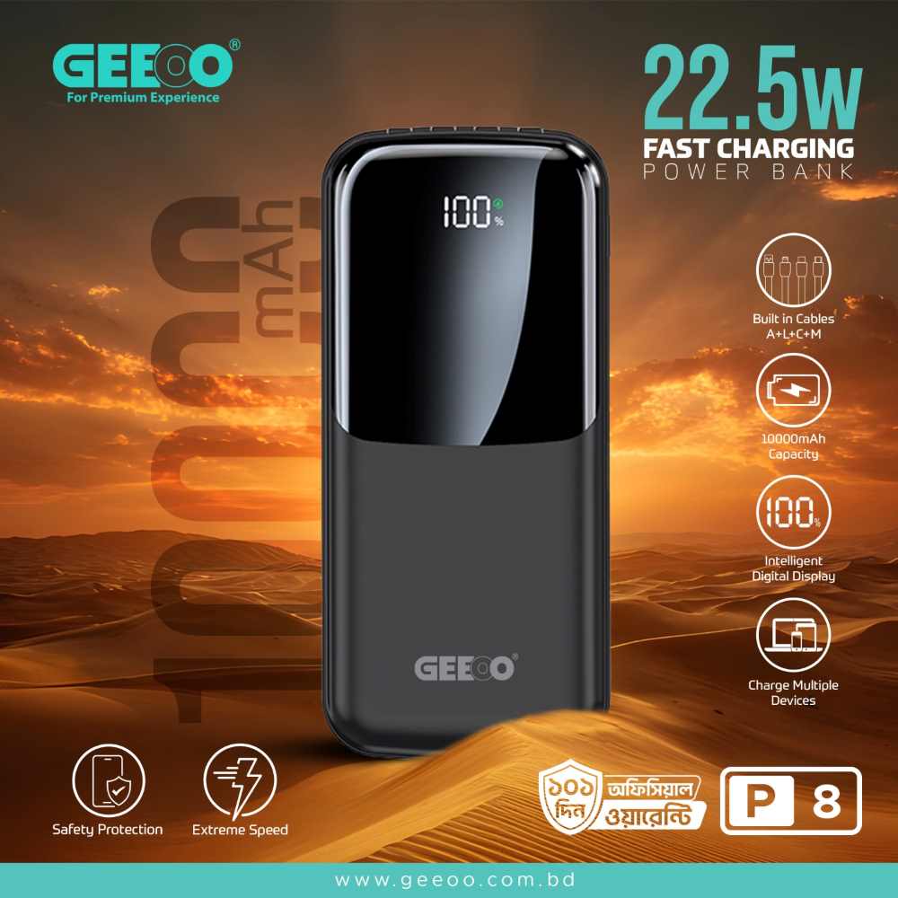 GEEOO P8 22.5W Fast Charging 10000mAh Power Bank with Built-in Cables